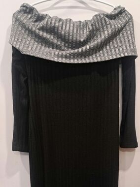 Ml DRESSFO Y2K Off-Shoulder Ribbed Knit Sweater Dress in Black with Gray Cowl
